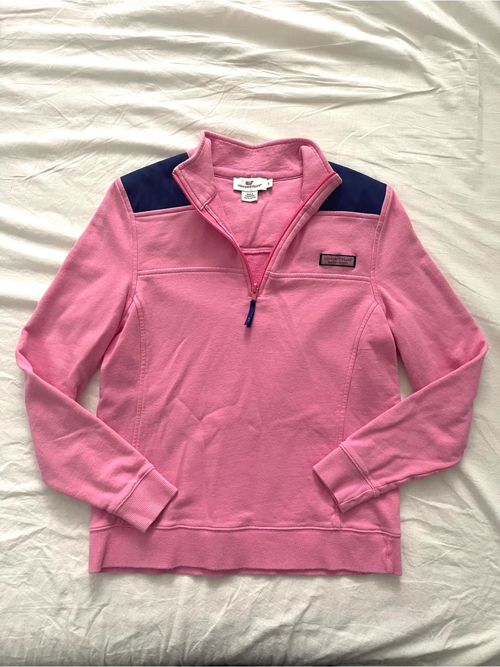 Vineyard Vines Pink Quarter-Zip Pullover with Navy Shoulder Panels